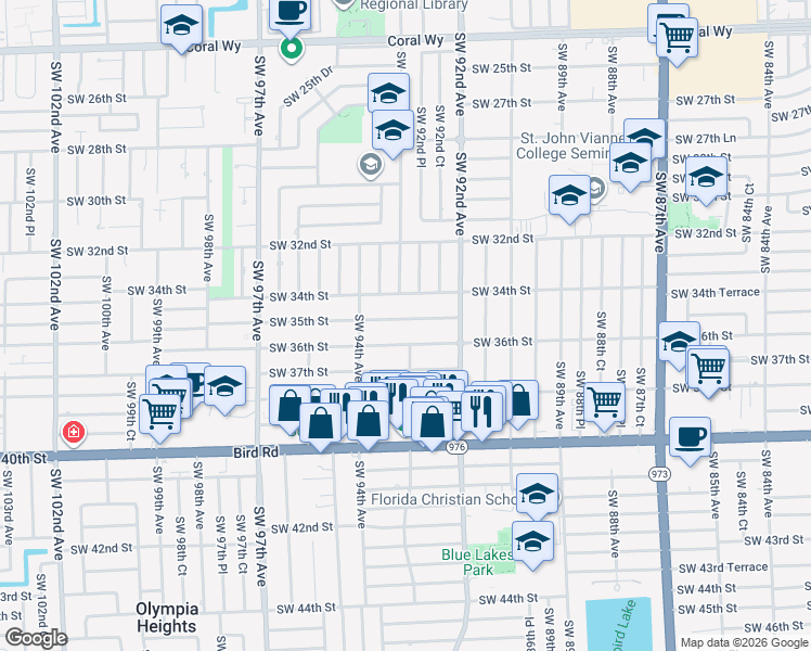 map of restaurants, bars, coffee shops, grocery stores, and more near 9310 Southwest 35th Street in Miami