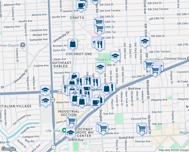 map of restaurants, bars, coffee shops, grocery stores, and more near 3715 Southwest 29th Street in Miami