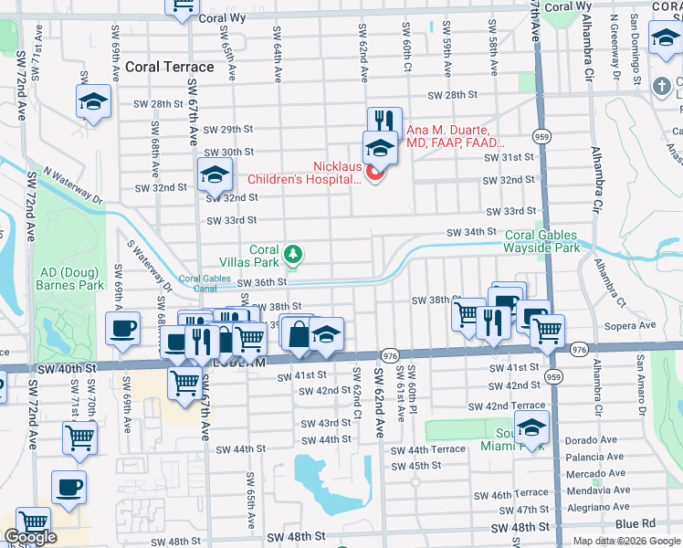 map of restaurants, bars, coffee shops, grocery stores, and more near 6271 Southwest 36th Street in Miami