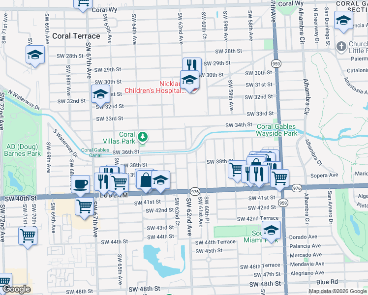 map of restaurants, bars, coffee shops, grocery stores, and more near 6201 Southwest 36th Street in Miami
