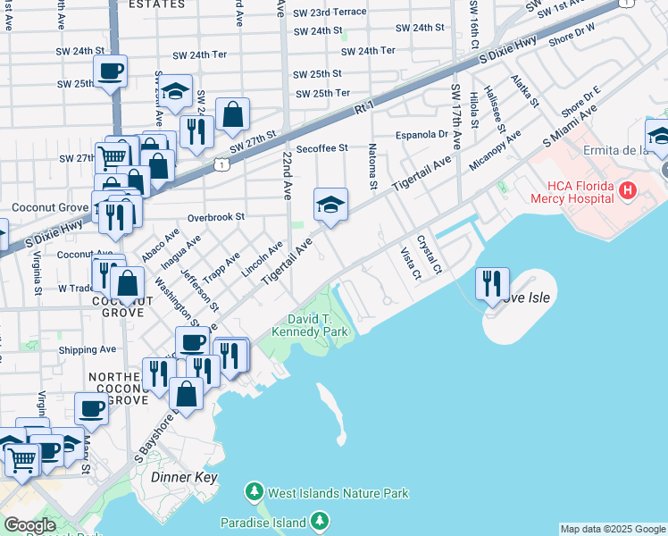 map of restaurants, bars, coffee shops, grocery stores, and more near 2121 South Bayshore Drive in Miami