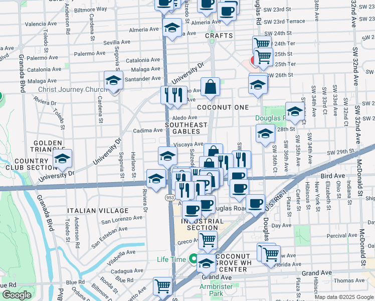 map of restaurants, bars, coffee shops, grocery stores, and more near 305 Fluvia Avenue in Coral Gables
