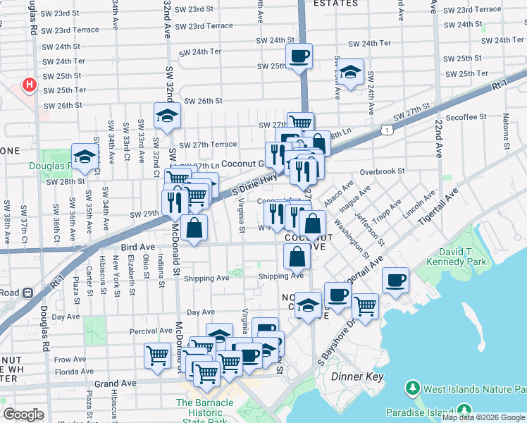 map of restaurants, bars, coffee shops, grocery stores, and more near 2932 Catalina Street in Miami