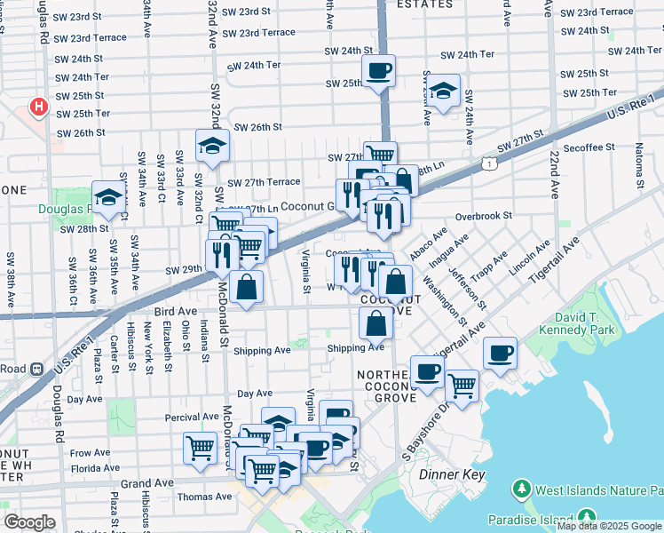 map of restaurants, bars, coffee shops, grocery stores, and more near 2932 Catalina Street in Miami
