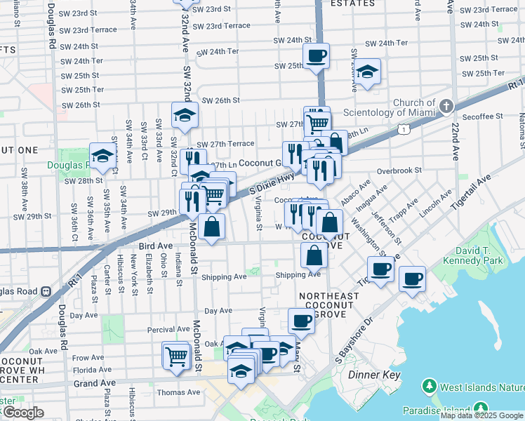 map of restaurants, bars, coffee shops, grocery stores, and more near 2932 Catalina Street in Miami