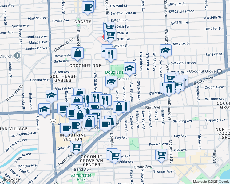 map of restaurants, bars, coffee shops, grocery stores, and more near 2901 Southwest 36th Court in Miami