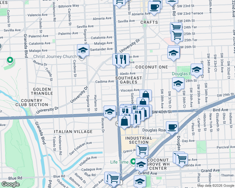 map of restaurants, bars, coffee shops, grocery stores, and more near in Coral Gables