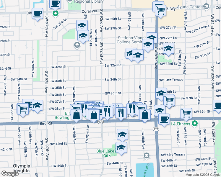 map of restaurants, bars, coffee shops, grocery stores, and more near 3530-3532 Southwest 91 Avenue in Miami