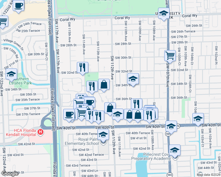 map of restaurants, bars, coffee shops, grocery stores, and more near 3482 Southwest 112th Avenue in Miami