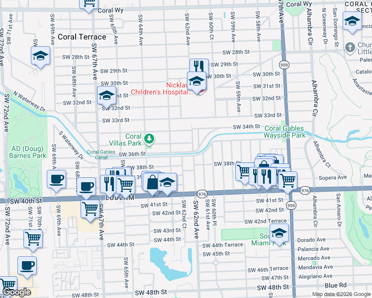 map of restaurants, bars, coffee shops, grocery stores, and more near 6201 Southwest 36th Street in Miami