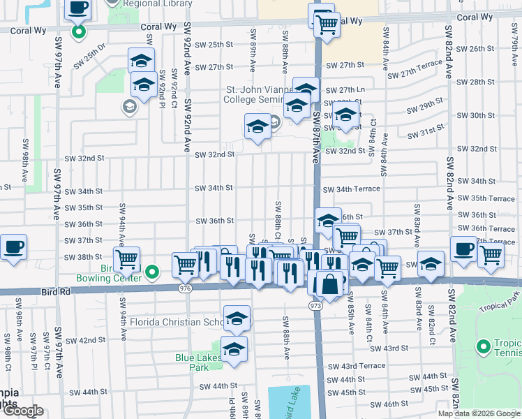 map of restaurants, bars, coffee shops, grocery stores, and more near 3535 Southwest 88th Place in Miami