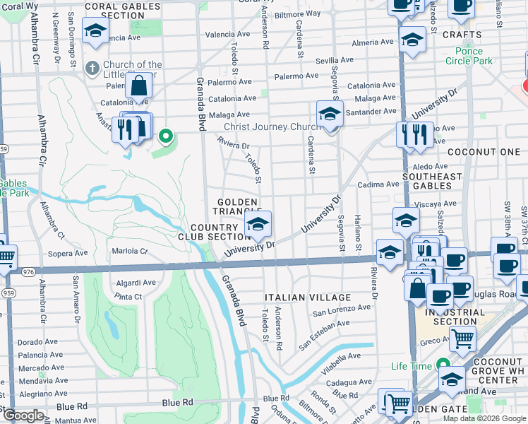 map of restaurants, bars, coffee shops, grocery stores, and more near 3707 Toledo Street in Coral Gables