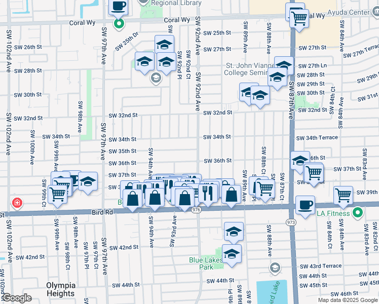 map of restaurants, bars, coffee shops, grocery stores, and more near 9230 Southwest 35th Street in Miami