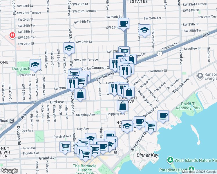 map of restaurants, bars, coffee shops, grocery stores, and more near 2932 Catalina Street in Miami