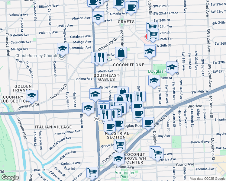 map of restaurants, bars, coffee shops, grocery stores, and more near 239 Fluvia Avenue in Miami