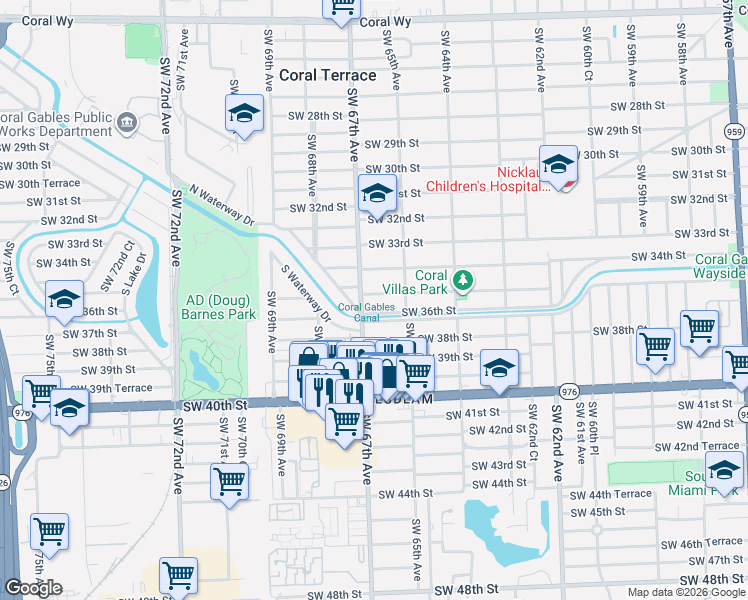 map of restaurants, bars, coffee shops, grocery stores, and more near 6571 Southwest 36th Street in Miami