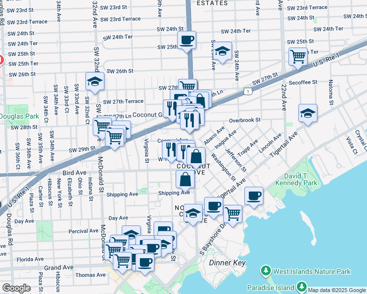 map of restaurants, bars, coffee shops, grocery stores, and more near 2950 Southwest 27th Avenue in Miami