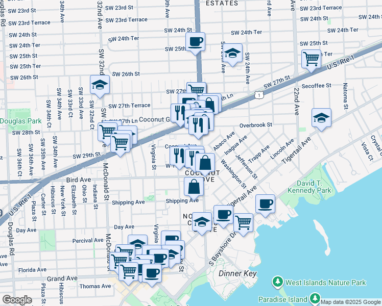 map of restaurants, bars, coffee shops, grocery stores, and more near 2950 Southwest 27th Avenue in Miami