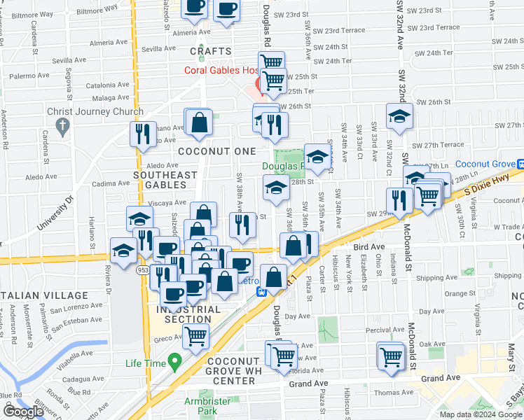 map of restaurants, bars, coffee shops, grocery stores, and more near 3715 Southwest 29th Street in Miami