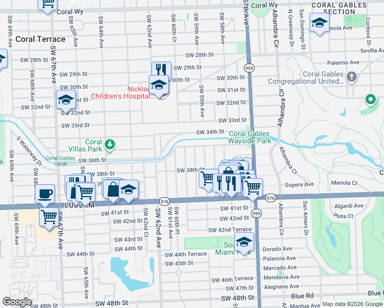 map of restaurants, bars, coffee shops, grocery stores, and more near 3611 Southwest 60th Court in Miami