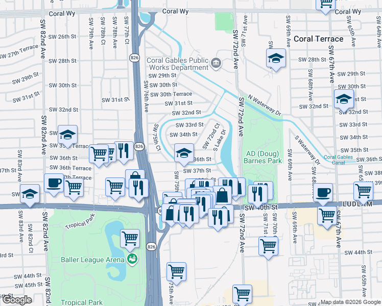 map of restaurants, bars, coffee shops, grocery stores, and more near 7355 Southwest 36th Street in Miami