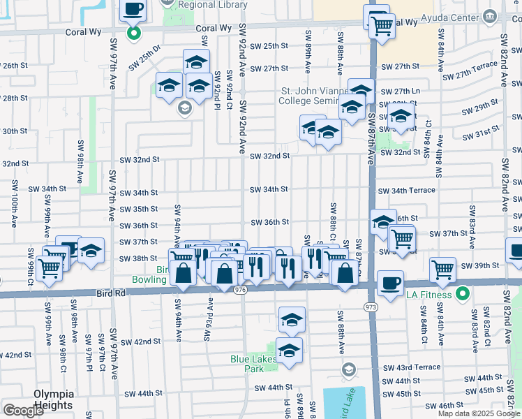 map of restaurants, bars, coffee shops, grocery stores, and more near 3530-3532 Southwest 91 Avenue in Miami