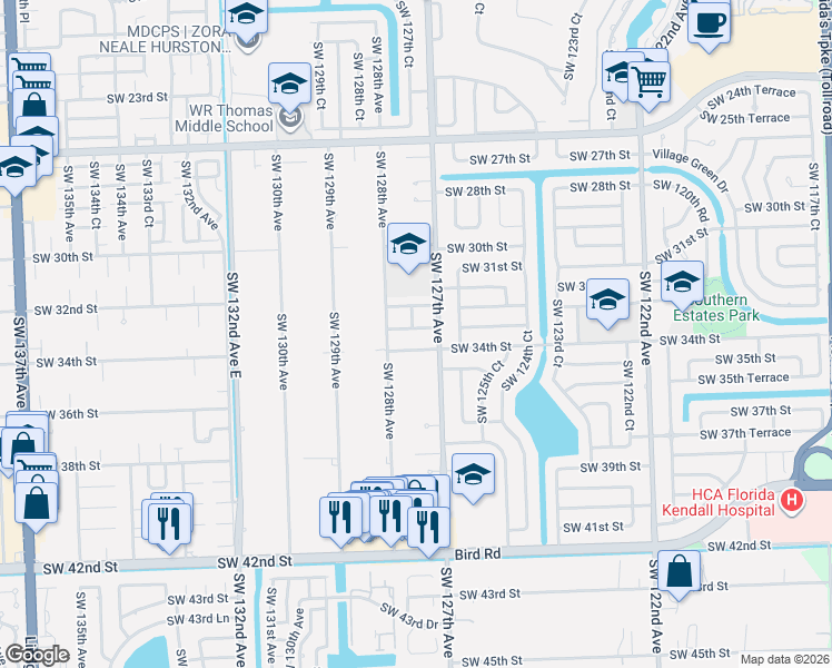 map of restaurants, bars, coffee shops, grocery stores, and more near 12755 Southwest 34th Street in Miami