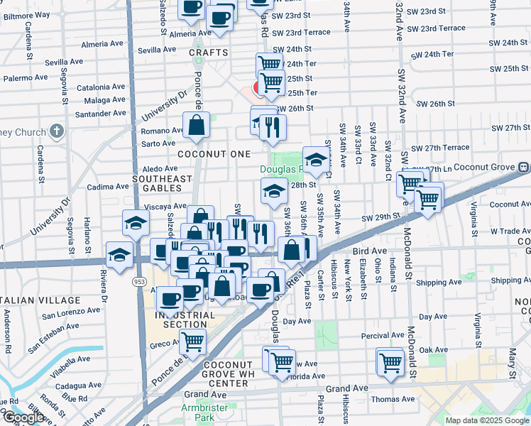 map of restaurants, bars, coffee shops, grocery stores, and more near 3715 Southwest 29th Street in Miami