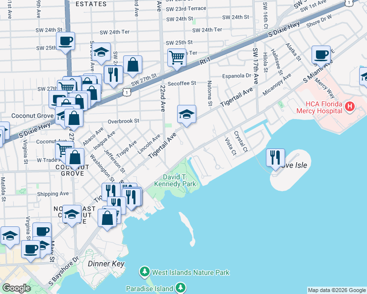map of restaurants, bars, coffee shops, grocery stores, and more near 2121 South Bayshore Drive in Miami