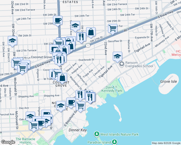 map of restaurants, bars, coffee shops, grocery stores, and more near 3080 Calusa Street in Miami