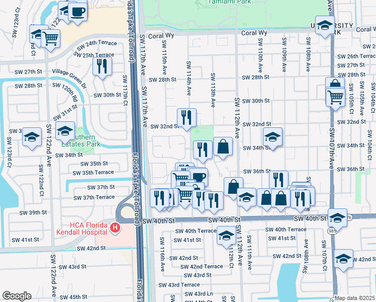 map of restaurants, bars, coffee shops, grocery stores, and more near 3416 Southwest 114th Court in Miami