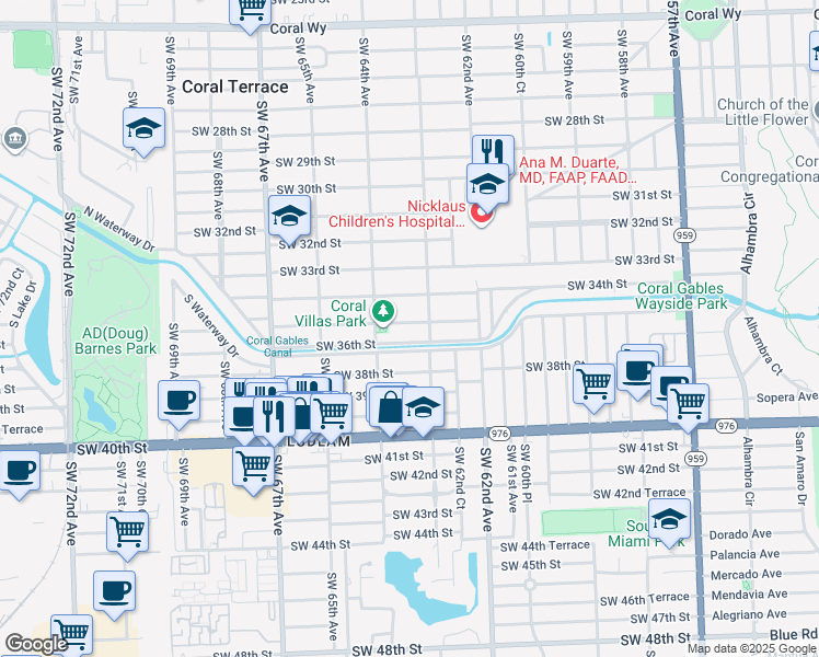 map of restaurants, bars, coffee shops, grocery stores, and more near 6334 Southwest 35th Street in Miami