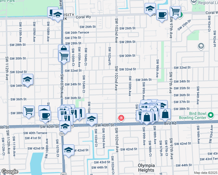 map of restaurants, bars, coffee shops, grocery stores, and more near 10245 Southwest 35th Street in Miami