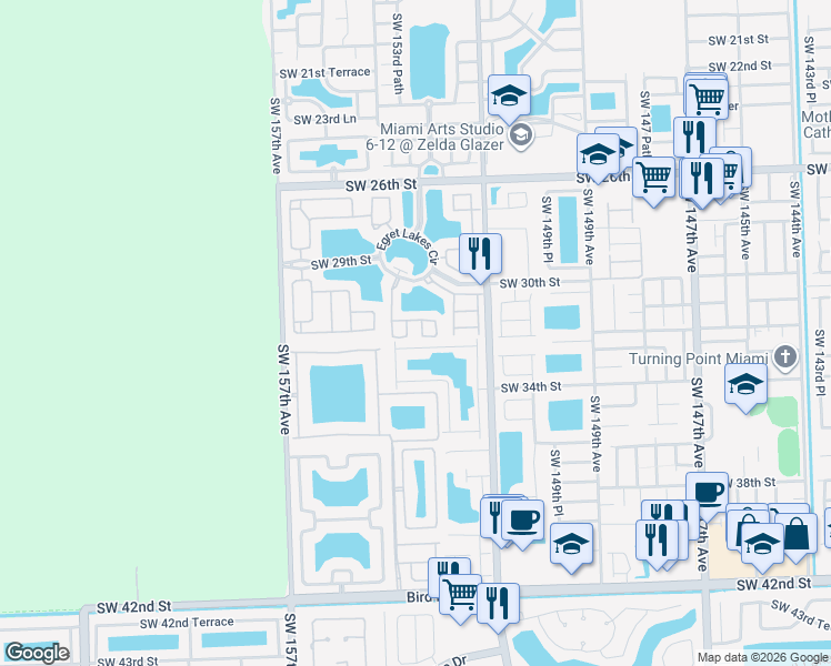map of restaurants, bars, coffee shops, grocery stores, and more near 15375 Southwest 32nd Terrace in Miami