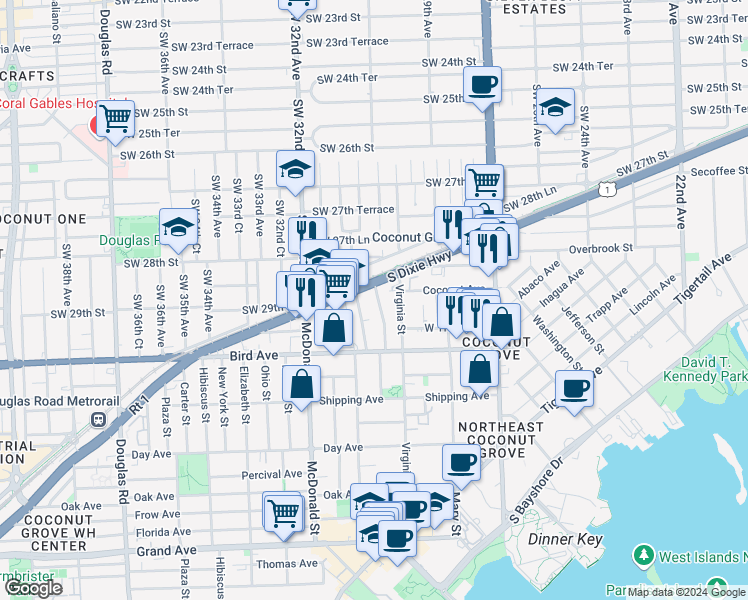 map of restaurants, bars, coffee shops, grocery stores, and more near 2927 Southwest 30th Court in Miami