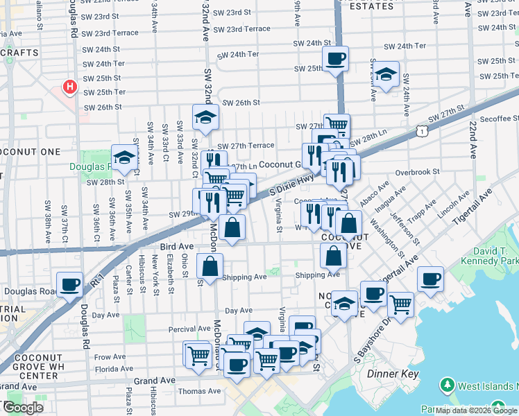 map of restaurants, bars, coffee shops, grocery stores, and more near 2927 Southwest 30th Court in Miami