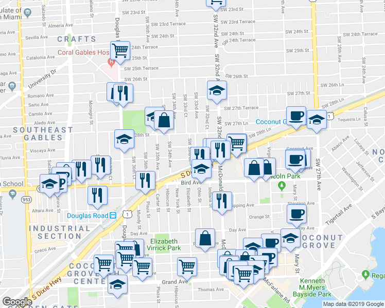 map of restaurants, bars, coffee shops, grocery stores, and more near 3342 Southwest 29th Street in Miami