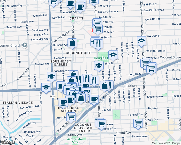 map of restaurants, bars, coffee shops, grocery stores, and more near 3785 Southwest 29th Street in Miami