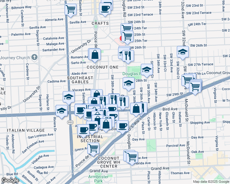 map of restaurants, bars, coffee shops, grocery stores, and more near 3785 Southwest 29th Street in Miami