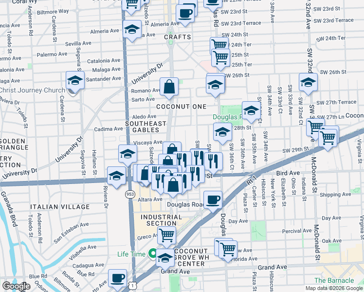 map of restaurants, bars, coffee shops, grocery stores, and more near 3853 Southwest 29th Street in Miami