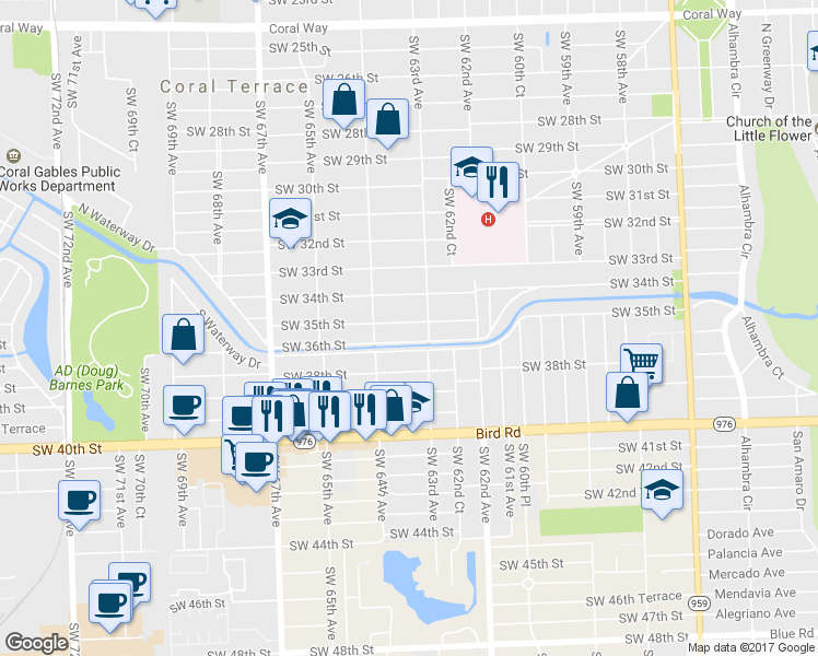 map of restaurants, bars, coffee shops, grocery stores, and more near 6351 Southwest 36th Street in Miami