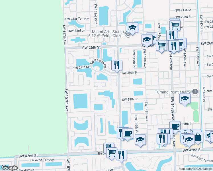 map of restaurants, bars, coffee shops, grocery stores, and more near 15321 Southwest 32nd Terrace in Miami