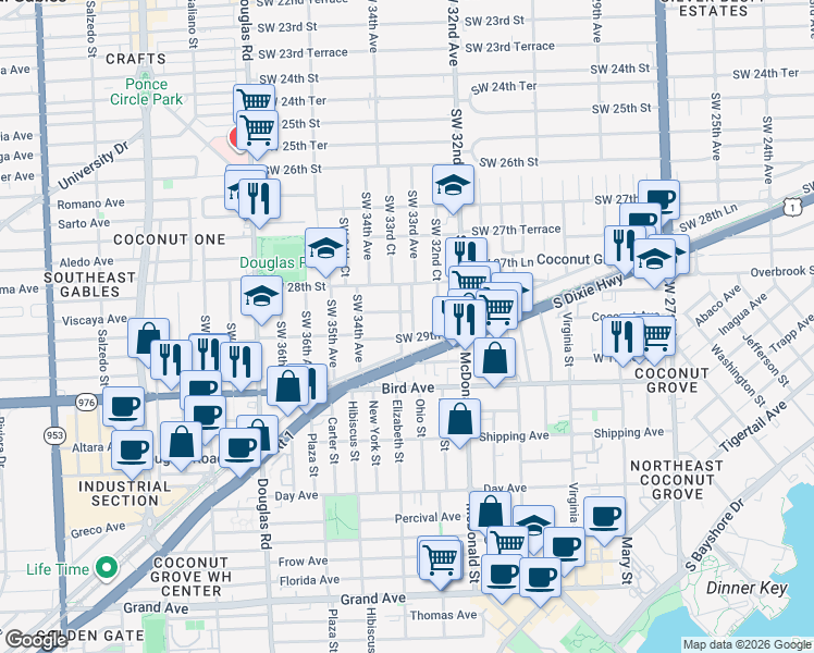 map of restaurants, bars, coffee shops, grocery stores, and more near 2875 Southwest 33rd Court in Miami