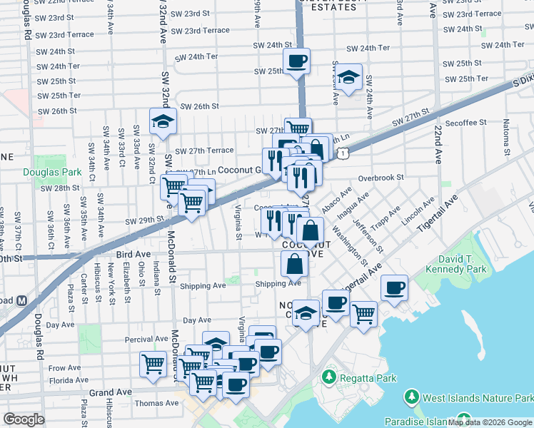 map of restaurants, bars, coffee shops, grocery stores, and more near 2930 Louise Street in Miami