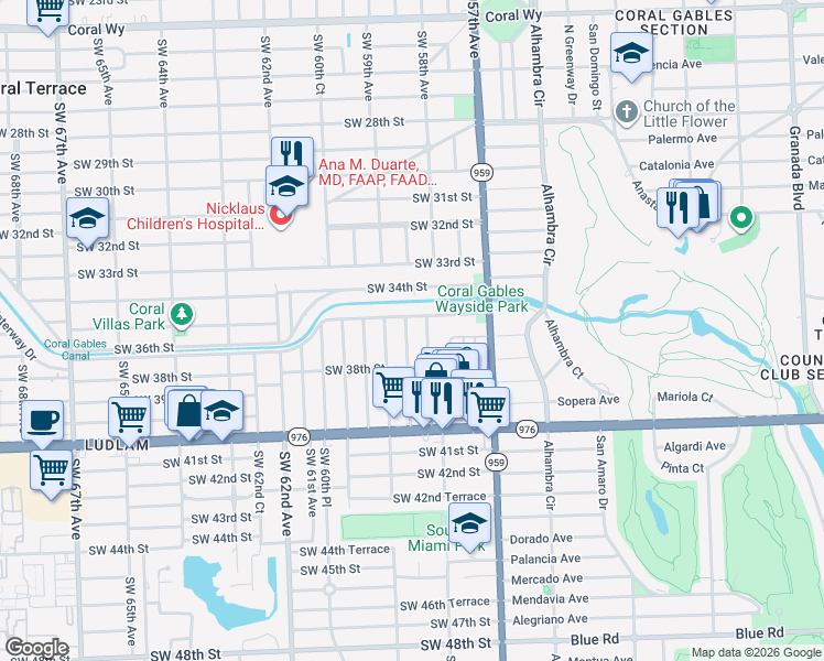 map of restaurants, bars, coffee shops, grocery stores, and more near 3701 Southwest 58th Avenue in Miami