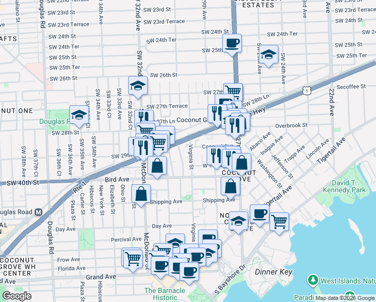 map of restaurants, bars, coffee shops, grocery stores, and more near 2927 Southwest 30th Court in Miami