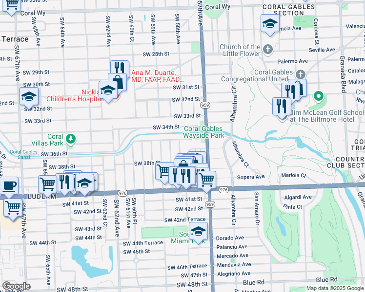 map of restaurants, bars, coffee shops, grocery stores, and more near 3525 Southwest 58th Avenue in Miami