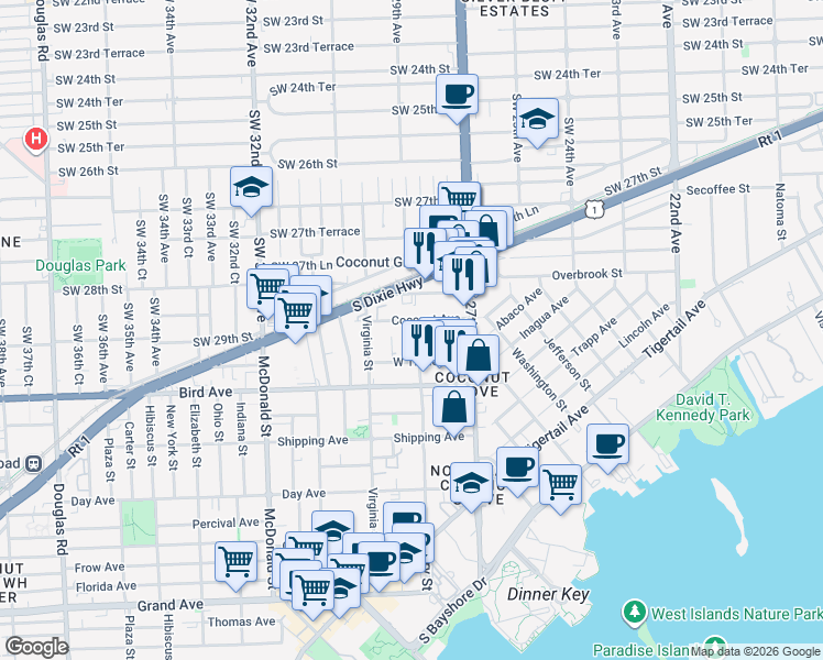 map of restaurants, bars, coffee shops, grocery stores, and more near 2930 Louise Street in Miami