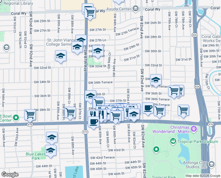 map of restaurants, bars, coffee shops, grocery stores, and more near 3501 Southwest 84th Court in Miami