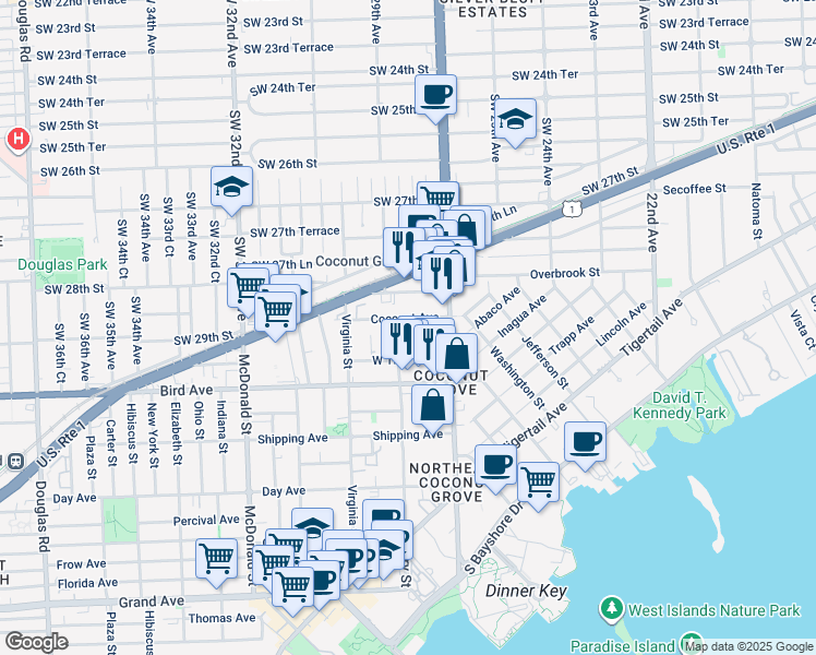 map of restaurants, bars, coffee shops, grocery stores, and more near 2930 Louise Street in Miami